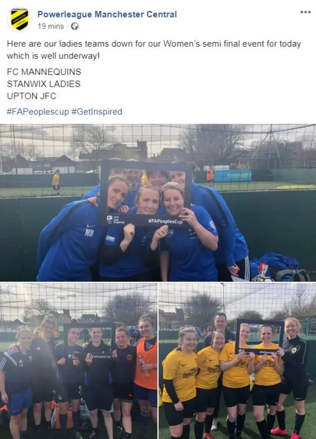 screen grab of a Facebook post by one of the #FAPeoplesCup venues with three different team photos