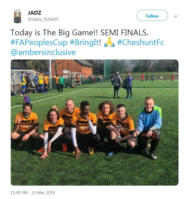 screen grab of a tweet of a team about to play in the FA People's Cup with a team photo