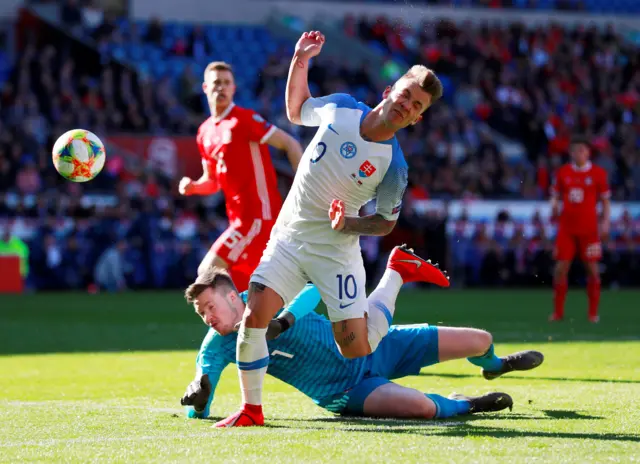 Wales" Wayne Hennessey in action with Slovakia"s Albert Rusnak