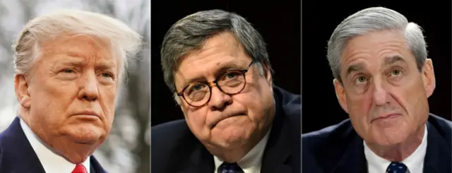 Trump, Barr, Mueller composite image