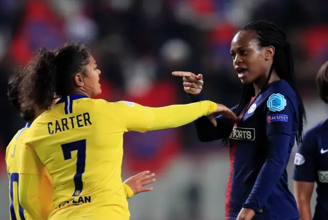 Paris St Germain's Marie-Antoinette Katoto clashes with Chelsea"s Jessica Carter