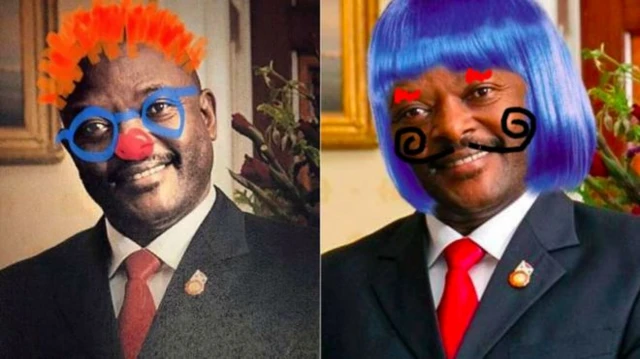 A composite image showing two portraits of Burundi's President Nkurunziza that have been doodled on by social media users