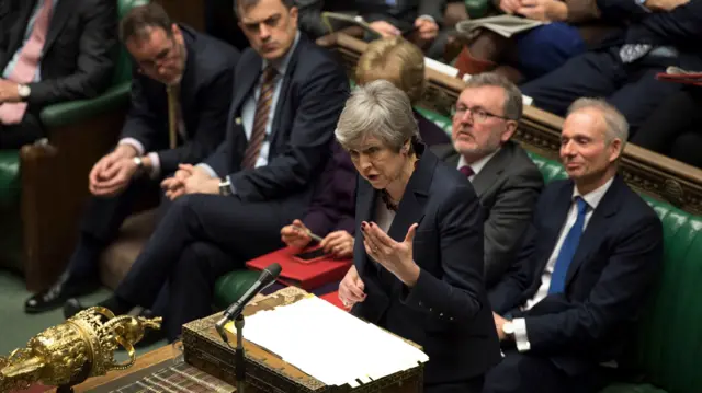 Theresa May during Prime Minister"s Questions in the House of Commons, London