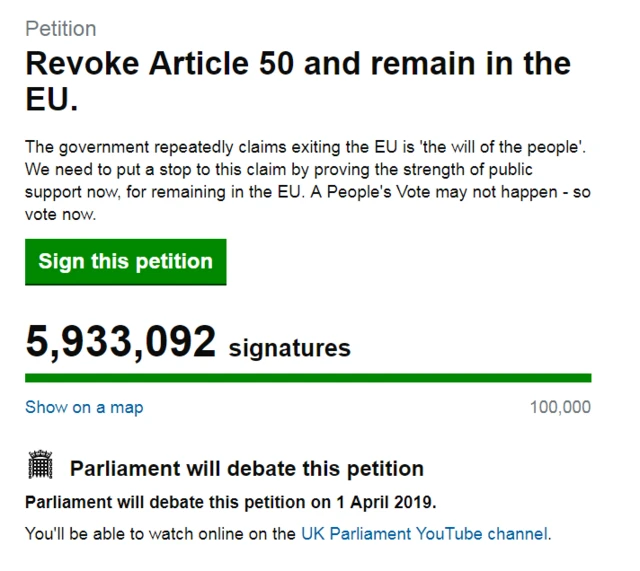 The petition calling for Article 50 to be revoked