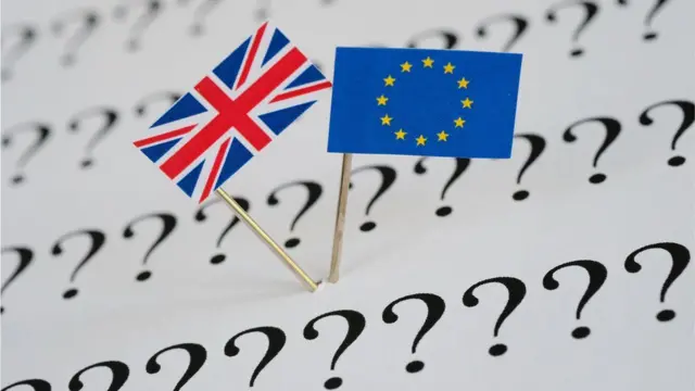 UK and EU flag surrounded by question marks