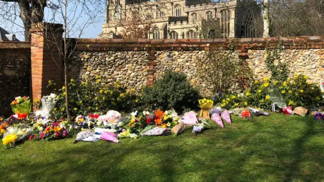 Floral tributes to Keith Flint in Bocking.