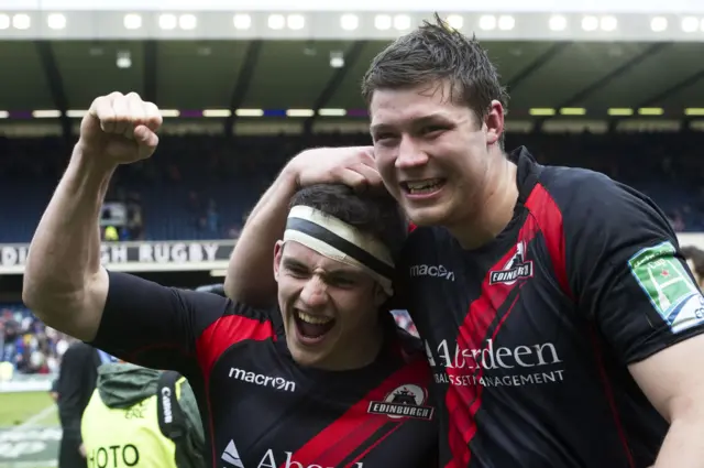 Grant Gilchrist (right) and Matt Scott celebrate Edinburgh's 19-14 win over Toulouse in their Heineken Cup quarter-final in 2012