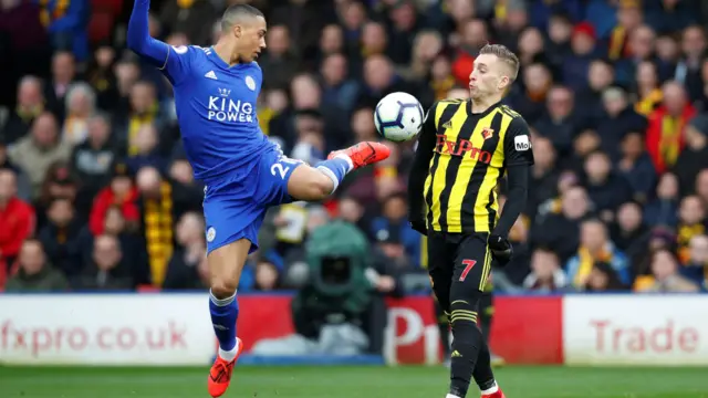 Leicester City's Youri Tielemans in action with Watford's Gerard Deulofeu