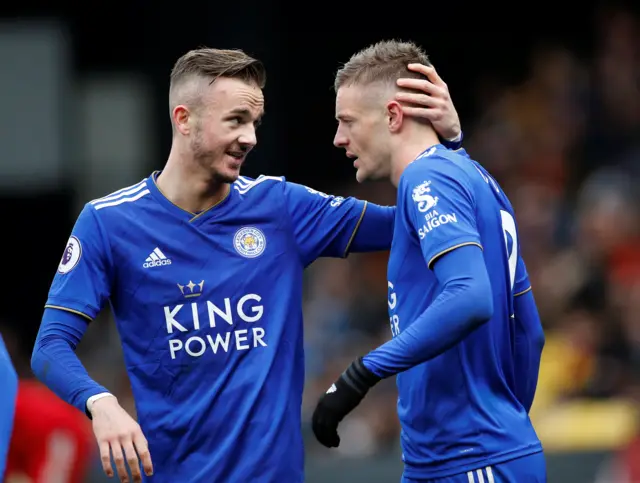Leicester City's Jamie Vardy celebrates scoring their first goal with James Maddison