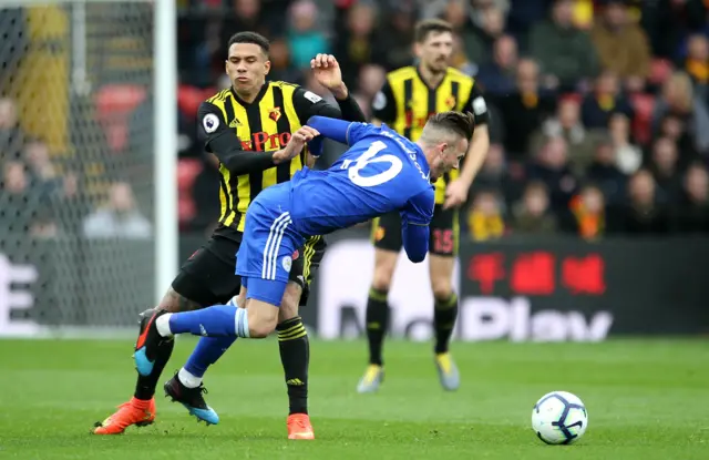 Leicester City's James Maddison (right) and Watford's Etienne Capoue
