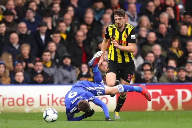 Jamie Vardy of Leicester City goes down