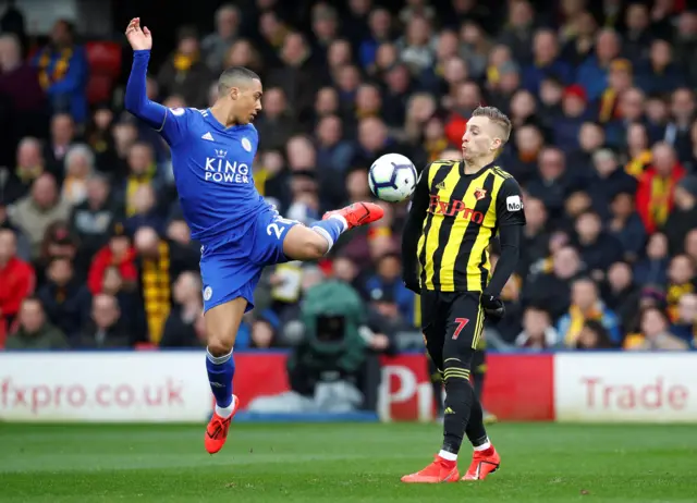 Leicester City's Youri Tielemans in action with Watford's Gerard Deulofeu