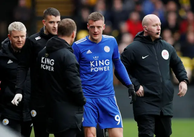Leicester City's Jamie Vardy after sustaining an injury before coming back on