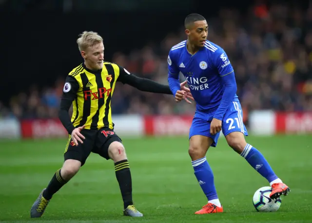 Youri Teilemans of Leicester City and Will Hughes of Watford