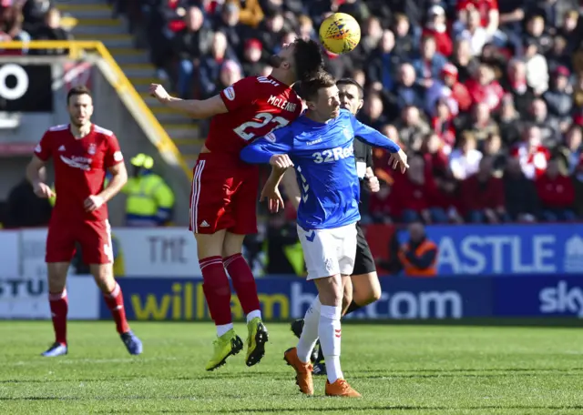 Aberdeen's Connor McLennan (left) competes with Rangers' Ryan Jack