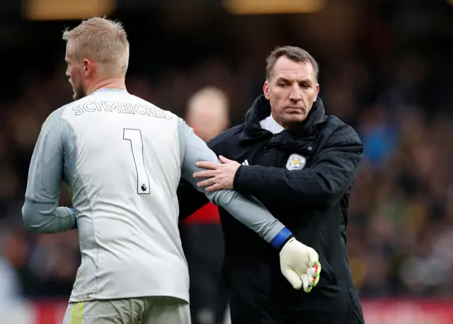Leicester City manager Brendan Rodgers with Kasper Schmeichel after the match