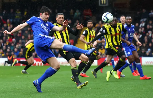 Harry Maguire of Leicester City controls the ball during the Premier League match between Watford FC and Leicester City