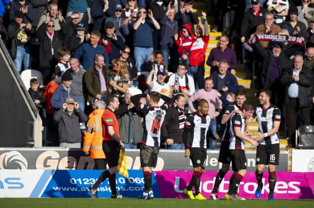 St Mirren's Brad Lyons celebrates his goal in front of the home support