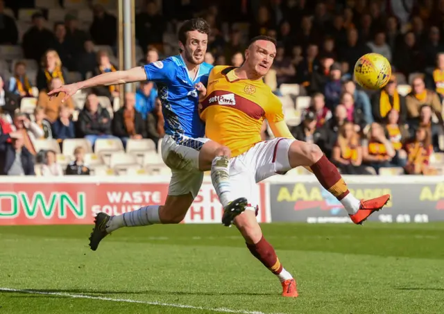 Motherwell's Tom Aldred in action with St Johnstone's Joe Shaughnessy