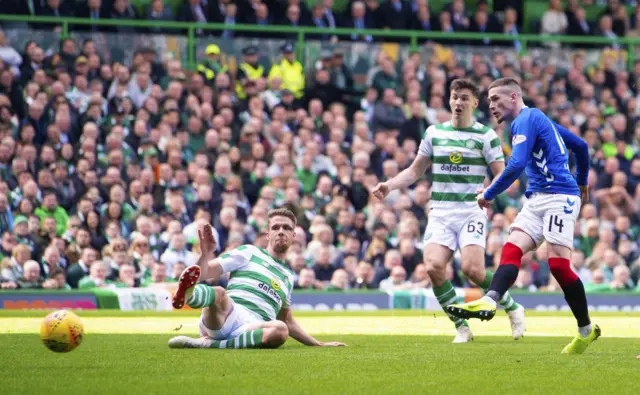 Ryan Kent slams in the equaliser for Rangers