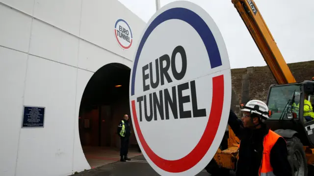 Eurotunnel company logo at entrance of north and south in Coquelles