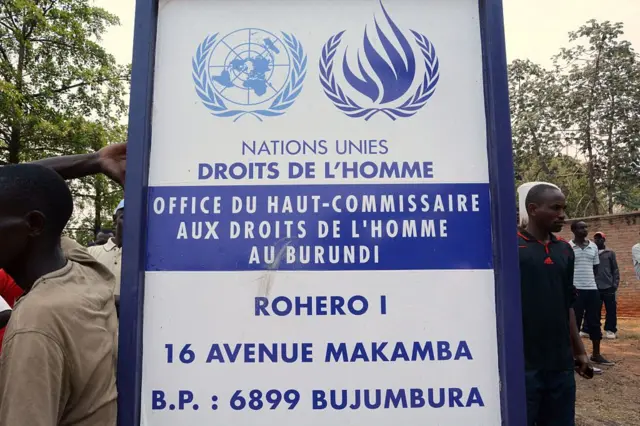 People gather to demonstrate outside the office of the United Nations Human Rights Commissioner in Bujumbura in April 2015.