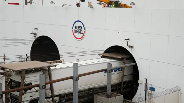 Eurotunnel freight shuttle exits the Channel Tunnel