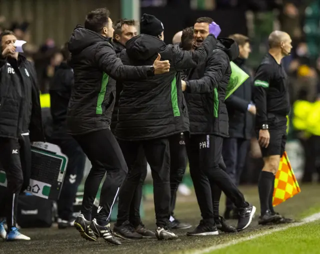 Hibs staff celebrate Florian Kamberi's goal