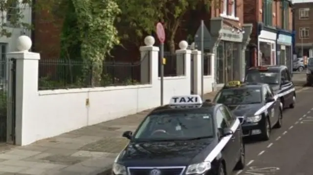 Taxis in a rank in Newcastle-under-Lyme