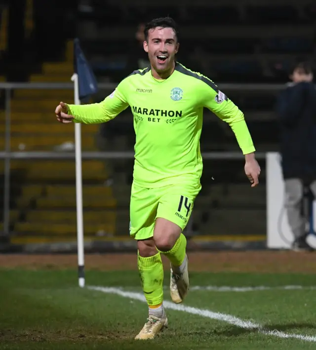 Stevie Mallan celebrates scoring a goal for Hibernian