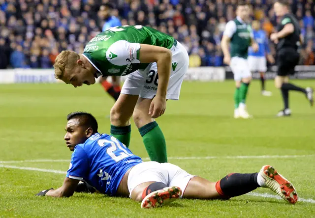 Ryan Porteous of Hibernian shouts at Rangers' Alfredo Morelos