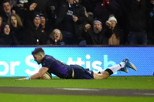 Tommy Seymour scores a try for Scotland against Fiji