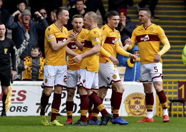 Motherwell’s David Turnbull (far left) celebrates his opening goal with Liam Grimshaw and his teammates