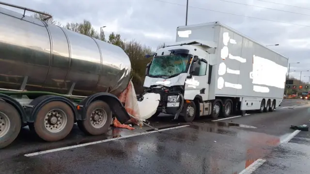 Tanker and lorry after crash