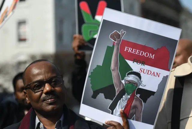 Members of the Sudanese community in Dublin during a protest outside Dublin's GPO, demanding Sudanese President Omar Al-Bashir to step down.