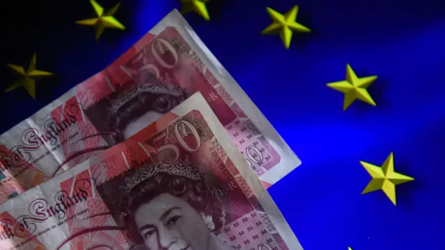 British pound bank notes are seen with an European Union flag on the background