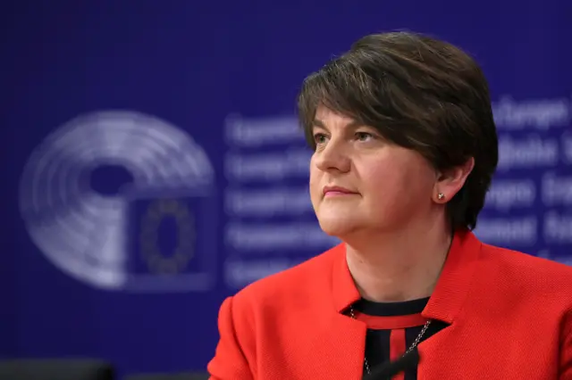 Arlene Foster holds a news conference after a meeting with Michel Barnier in Brussels