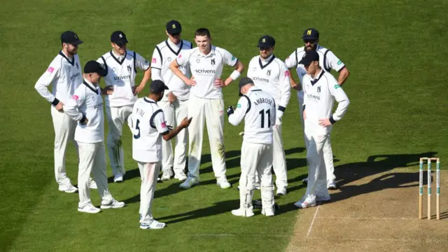 Henry Brookes of Warwickshire celebrates with teammates