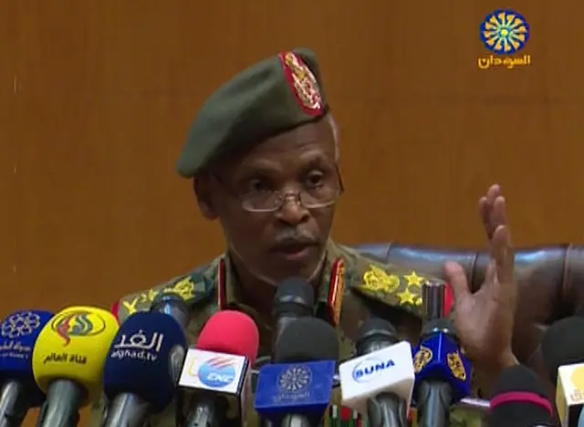 An image grab from a broadcast on Sudan TV shows Lieutenant General Omar Zain al-Abdin, the head of the political military committee assigned by the chief of the new military council,