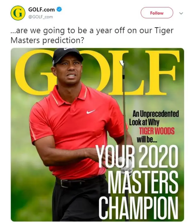 Golf.com headline says Tiger will win in 2020