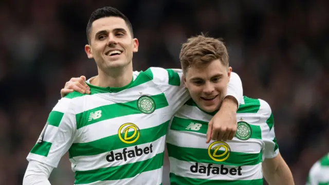 Celtic scorers Tom Rogic and James Forrest celebrate