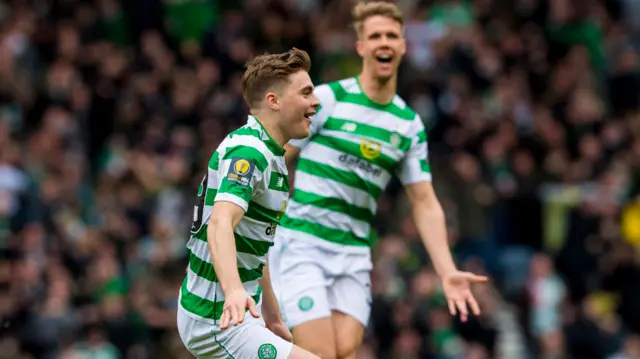 Celtic's James Forrest celebrates his goal against Aberdeen