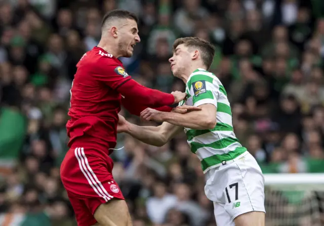 Aberdeen's Dominic Ball collides with Celtic's Ryan Christie