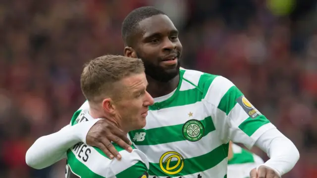 Celtic winger Jonny Hayes celebrates with Odsonne Edouard