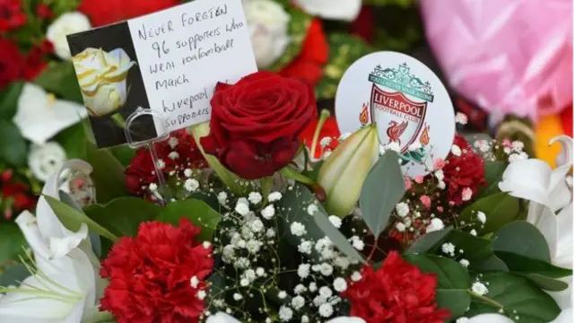 Flowers left at the Hillsborough memorial