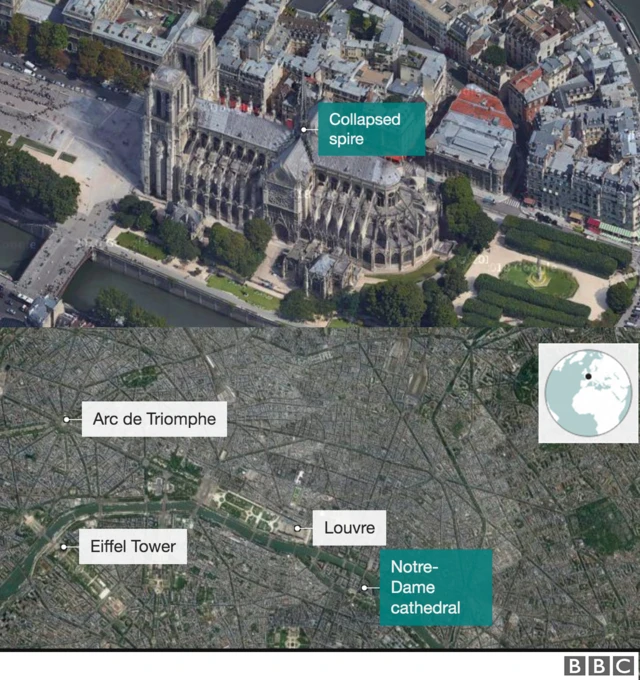 Map shows the location of Notre-Dame cathedral in Paris, France