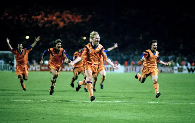 Ronald Koeman celebrates scoring a free-kick to win the 1992 European Cup