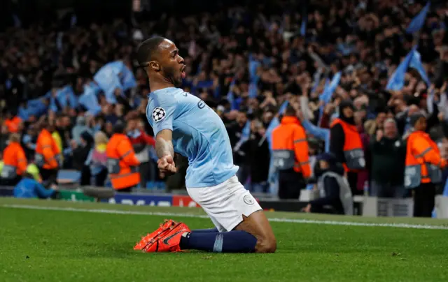 Raheem Sterling celebrates a goal that is later disallowed by VAR