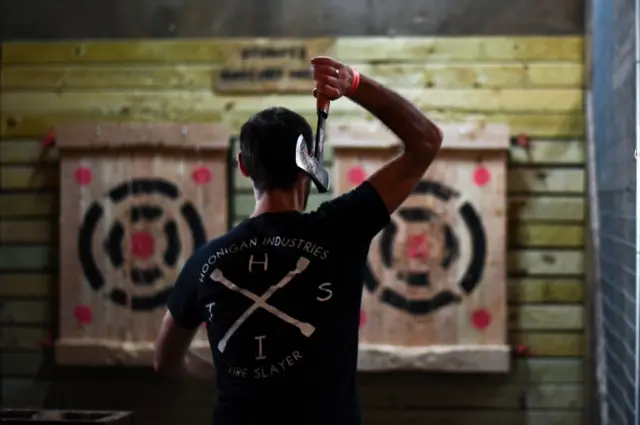 Axe-throwing at the Stumpy"s House in Eatontown, New Jersey