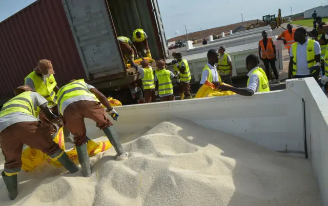 Rice being poured into a lorry